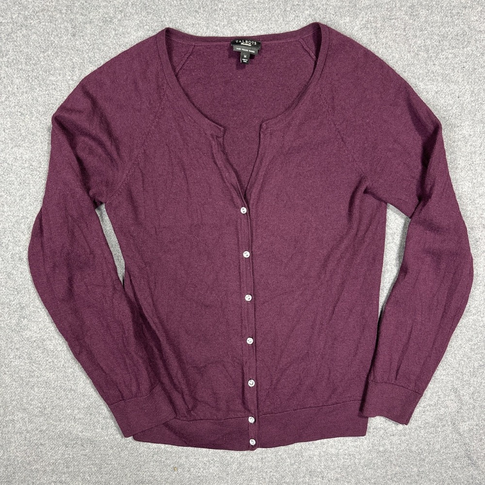 Talbots Pure‎ Merino Wool Purple Cardigan Sweater Women's Medium Crystal Buttons
